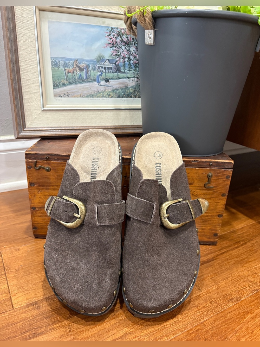 Birky Look Brown Suede Clog Slides Brass Nail Head Stud Trim Buckled Cushionaire